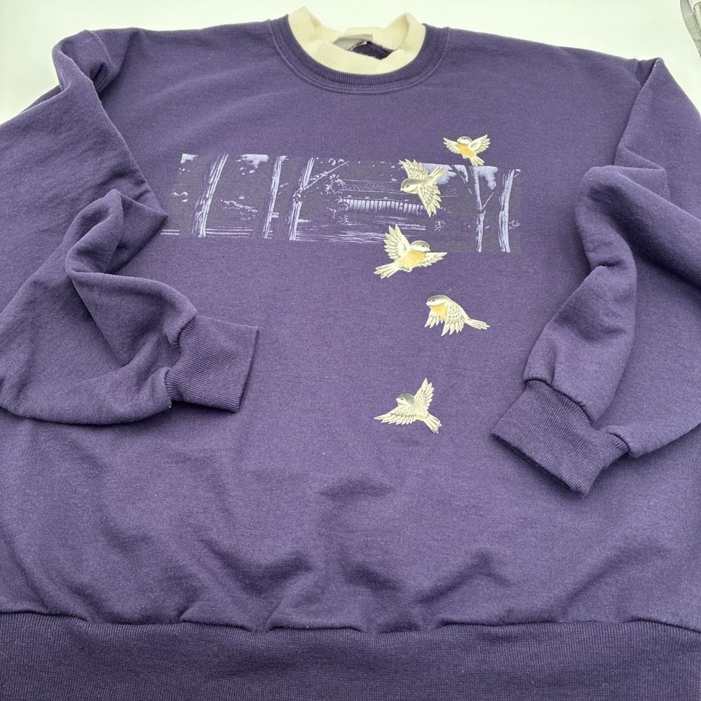 90's Cottagecore  Chickadee Bird Graphic Sweatshirt Purple Double Collar XL